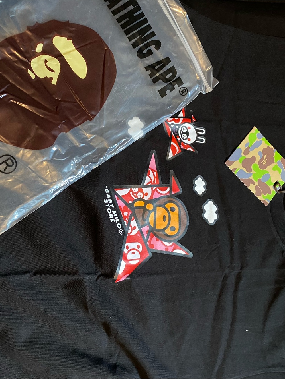 Bape Black Graphic Short Sleeve Tee with Pink and Yellow Ape Motif